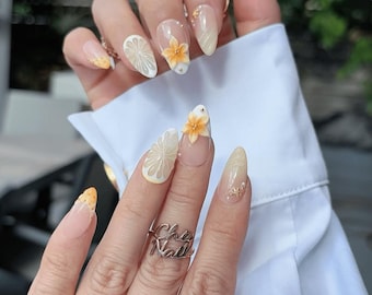 Citrus Blossom Press-On Nails – 3D Orange Flower & Lemon Slice Design