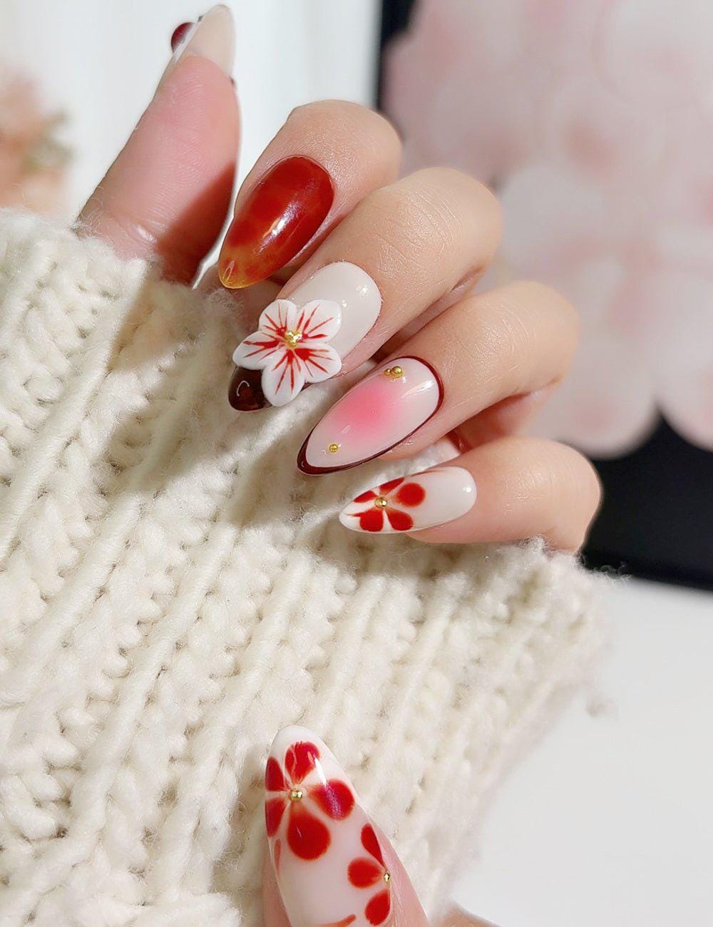 Cherry Blossom Press-on Nails – Red Cherry, Floral & Ombre Mix - Etsy