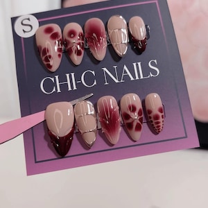 Medium Floral Art Press-On Nails – Burgundy Petal & Gold Line Design image 4