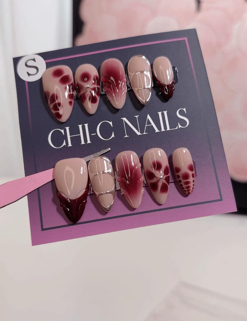 Medium Floral Art Press-On Nails – Burgundy Petal & Gold Line Design image 4
