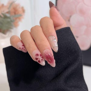 Medium Floral Art Press-On Nails – Burgundy Petal & Gold Line Design image 2