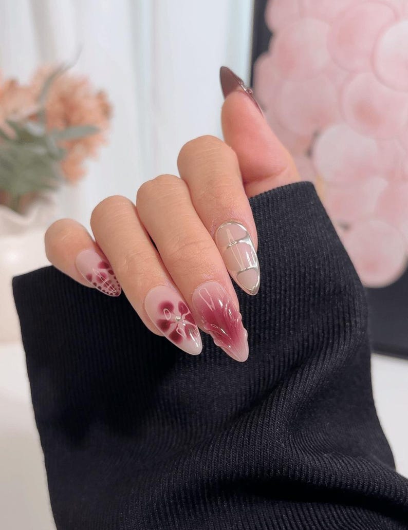Medium Floral Art Press-On Nails – Burgundy Petal & Gold Line Design image 2