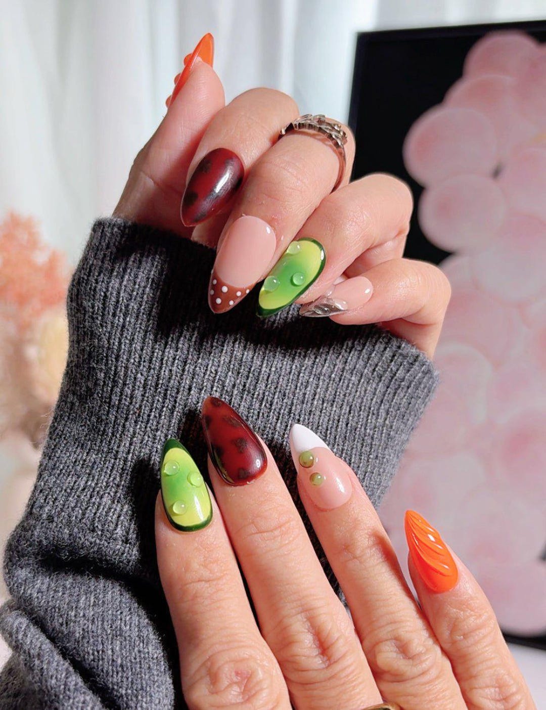 Custom 3D Water Drop Press-on Nails - Vibrant Green & Orange Reusable ...