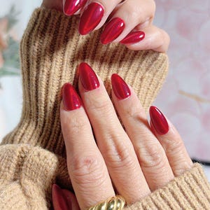 Deep Ruby Red Press-On Nails – Short Almond Glossy Finish