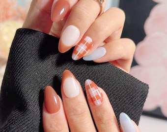 Terracotta Gingham & French Tip Press On Nails | Autumn Harvest Edition