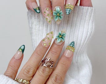 Emerald Green 3D Floral Medium Almond Press On Nails
