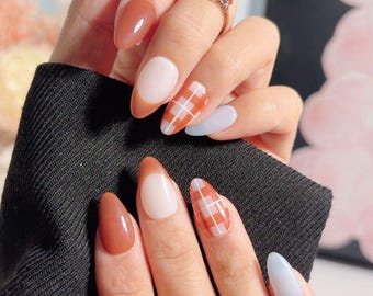 Terracotta Gingham & French Tip Press On Nails | Autumn Harvest Edition