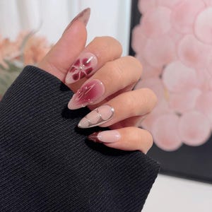 Medium Floral Art Press-On Nails – Burgundy Petal & Gold Line Design image 3