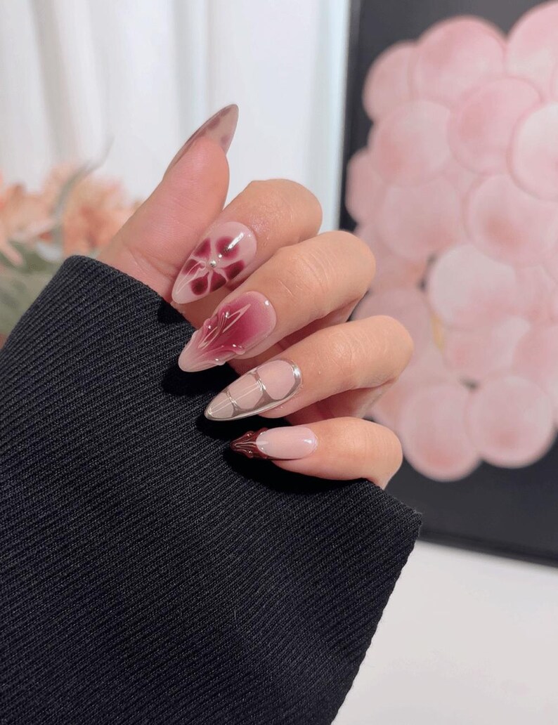 Medium Floral Art Press-On Nails – Burgundy Petal & Gold Line Design image 3