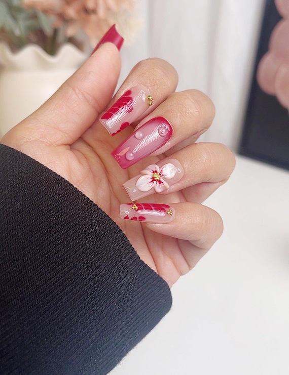 Scarlet Bloom – 3D Red Floral Press-on Nails - Etsy