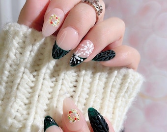 Handmade Press On Nails Dark Green Christmas French Design Reusable Fake Nails CHICNAILS