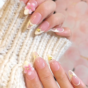 3D Flower French Press-On Nails – Medium Almond | Elegant Pink & White Design