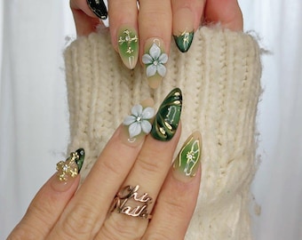 Forest Bloom Cross Press-On Nails | Green Marble Floral Nail Set