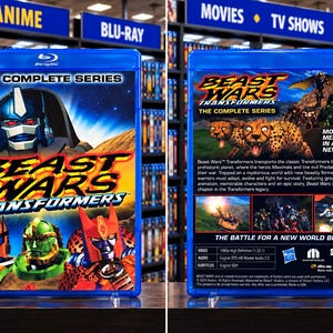 Könnte beinhalten: Eine blaue Blu-ray-Hülle für Beast Wars Transformers The Complete Series. Das Frontcover zeigt Charakterillustrationen und den Titel. Die Rückseite enthält eine Zusammenfassung, Screenshots, technische Daten und das Not Rated-Logo.