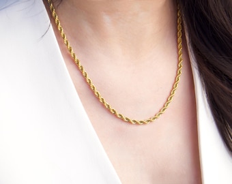18K Gold Plated Rope Chain Necklace | Waterproof and Sweat proof Jewelry | Everyday Gold Necklace | Classic Rope Chain Gift For Him and Her