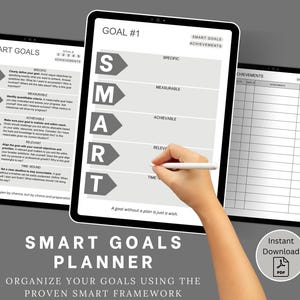 May include: A digital planner with a gray background and white text. The planner is titled "SMART GOALS PLANNER" and includes the text "ORGANIZE YOUR GOALS USING THE PROVEN SMART FRAMEWORK". The planner is divided into sections for each letter of the acronym SMART, with descriptions of each element. The planner also includes a section for tracking achievements.