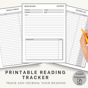 May include: Printable reading tracker with three pages: Books to Read, Book Review, and Reading Log. The pages are designed with lines for writing and a grey header with text.