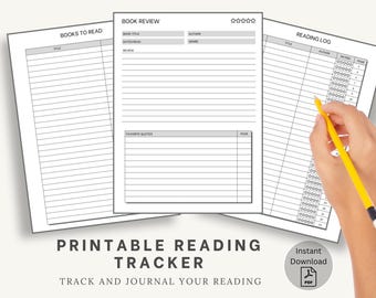 May include: Printable reading tracker with three pages: Books to Read, Book Review, and Reading Log. The pages are designed with lines for writing and a gray header with text.