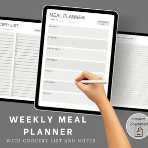 Puede incluir: Un planificador de comidas semanal imprimible con una lista de la compra y notas de comidas. El planificador está diseñado para ser utilizado en una tableta o computadora e incluye secciones para cada día de la semana. El planificador está disponible para descarga instantánea en formato PDF.