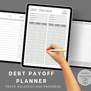 May include: A printable debt tracker planner with three pages: an index, a debt tracker, and a monthly progress tracker. The debt tracker has columns for creditor, due date, minimum payment, balance, date, payment, and balance. The monthly progress tracker is a grid with squares for tracking progress.