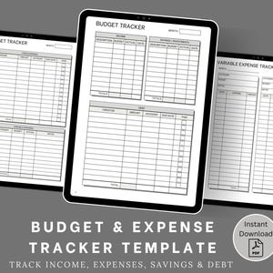 May include: A printable budget tracker template on a tablet screen. The template includes sections for income, expenses, savings, investments, and debt. The text "BUDGET TRACKER" is at the top of the page.