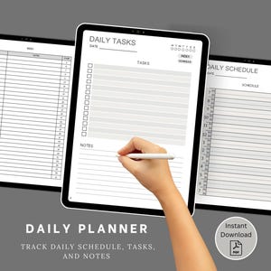 May include: Three digital tablets displaying a daily planner layout. The central tablet shows "Daily Tasks" with space for tasks and notes. A hand uses a stylus on the screen. The bottom text reads "Daily Planner".