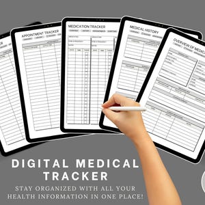 Op de afbeelding: Vijf digitale, afdrukbare medische trackerpagina's in zwart-wit. De pagina's omvatten: Symptoomtracker, Afspraaktracker, Medicijn Tracker, Medische geschiedenis en Overzicht van medische informatie. De tekst "Digitale medische tracker" en "Blijf georganiseerd met al uw gezondheidsinformatie op één plek!" staat onderaan de afbeelding.