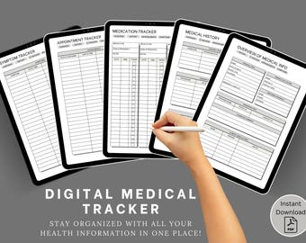 May include: Five digital printable medical tracker pages in black and white. The pages include: Symptom Tracker, Appointment Tracker, Medication Tracker, Medical History, and Overview of Medical Info. The text "Digital Medical Tracker" and "Stay organized with all your health information in one place!" is at the bottom of the image.