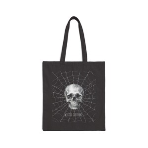 Webbed Skull Horror Tote, Gothic, Canvas Tote, Creepy Halloween Shoulder Bag, Spooky Macabre Handbag, Witchy Reusable Grocery Bag