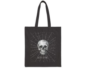 Webbed Skull Cotton Canvas Tote Bag: Gothic Halloween Shoulder Bag