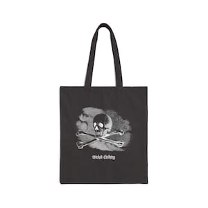 Skull & Crossbones Horror Tote, Gothic, Canvas Tote, Creepy Halloween Shoulder Bag, Spooky Macabre Handbag, Witchy Reusable Grocery Bag