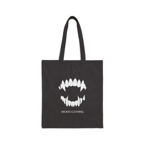 Fangs Tote, Gothic, Canvas Tote, Creepy Halloween Shoulder Bag, Spooky Macabre Handbag, Witchy Reusable Grocery Bag