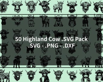 Paquete SVG de vaca de las tierras altas: 50 archivos únicos cortados con láser y Cricut: descarga digital