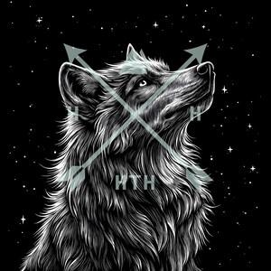 May include: A black and white illustration of a wolf howling at the moon with two crossed arrows behind it. The arrows have the text "HTH" written on them. The background is a black starry night.