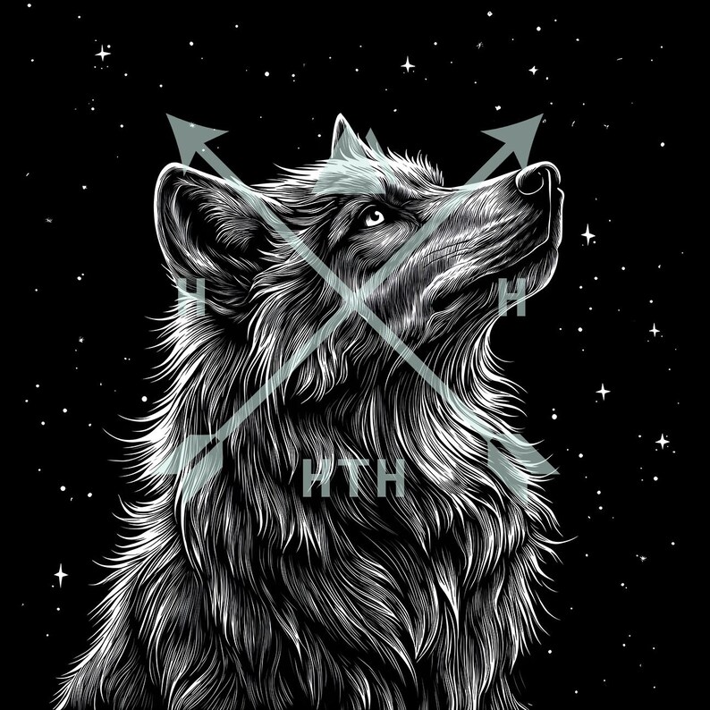 May include: A black and white illustration of a wolf howling at the moon with two crossed arrows behind it. The arrows have the text "HTH" written on them. The background is a black starry night.