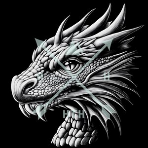 May include: A black and white illustration of a dragon's head with detailed scales and a fierce expression. The dragon's eye is open and staring directly at the viewer.
