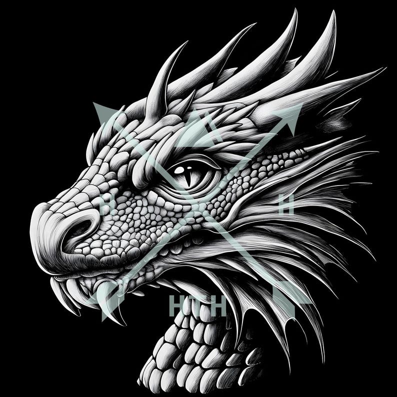 May include: A black and white illustration of a dragon's head with detailed scales and a fierce expression. The dragon's eye is open and staring directly at the viewer.