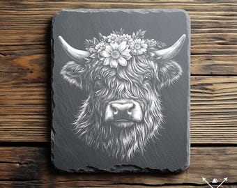 Vaca de las Tierras Altas con flores - Lightburn, diseño de grabado, descarga digital para grabado láser