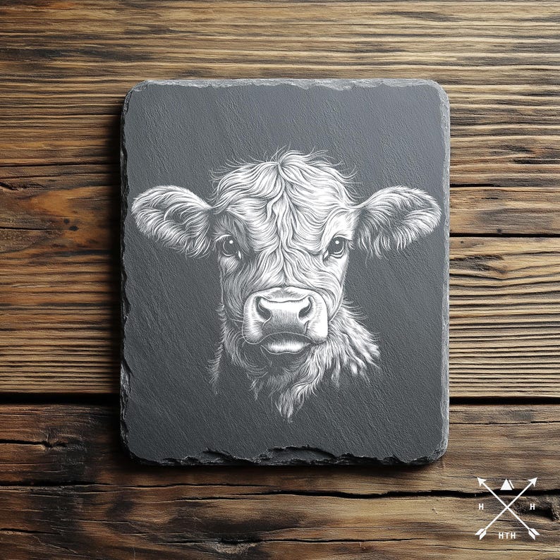 以下が含まれることがあります： 黒いスレートコースターに、白い線で描かれた子牛の顔のイラスト。子牛は正面を向いて見ている。