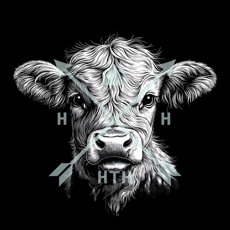 以下が含まれることがあります： 矢印の十字架を背後に持つ子牛の頭の白黒のイラスト。矢印の中央には「HTH」の文字があります。