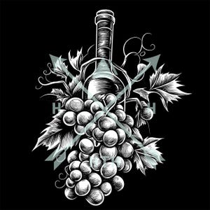 Puede incluir: Una ilustraci&oacute;n en blanco y negro de una botella de vino con un racimo de uvas. La botella est&aacute; rodeada de vides y hojas.