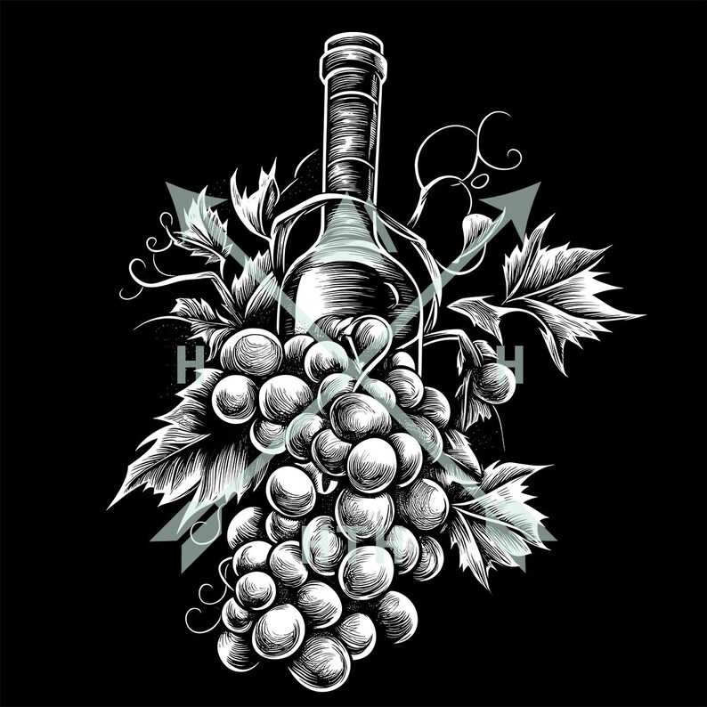 Puede incluir: Una ilustraci&oacute;n en blanco y negro de una botella de vino con un racimo de uvas. La botella est&aacute; rodeada de vides y hojas.