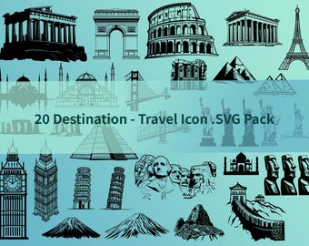 Paquete SVG de iconos de viaje: 20 archivos de corte de vinilo para láser y Cricut