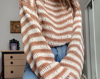 Modèle PDF de pull rayé au crochet, tutoriel de pull à manches larges, téléchargement numérique