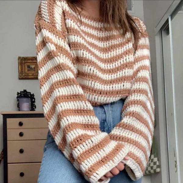 Crochet Striped Sweater Pattern PDF, Wide Sleeve Pullover Tutorial, Digital Download