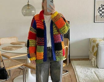 Colorful Patchwork Cardigan Pattern – Easy Knit PDF, Cozy Intarsia Cardigan with Buttons