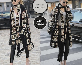 Granny Square Crochet Cardigan Pattern: Boho Coat & Scarf (PDF Tutorial)