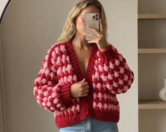 Chunky Knit Cardigan Pattern, Textured Check, Oversized Balloon Sleeve (PDF Download)