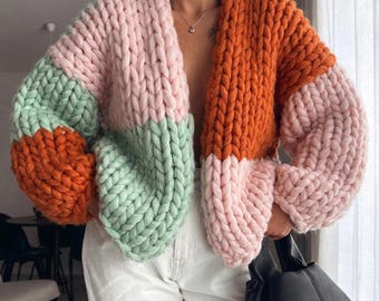 Chunky Knit Cardigan Pattern, With Video, Giant Hand Knitted Cardigan, Oversized Color Block Sweater, Bulky Jacket, Cozy Winter Knitwear