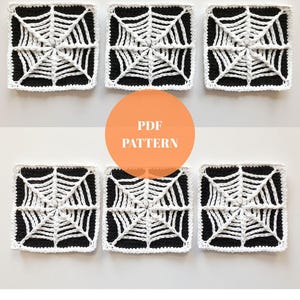 May include: Six square crochet coasters with a spiderweb design. Each coaster features a white web on a black background, with a white border. The image also includes the text "PDF PATTERN" in an orange circle.